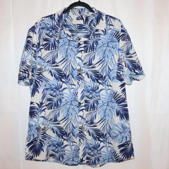 Cotton & Co. Blue Tropical Botanical & Palm Leaf Button Up Shirt. XL. NWOT. - Picture 3 of 13